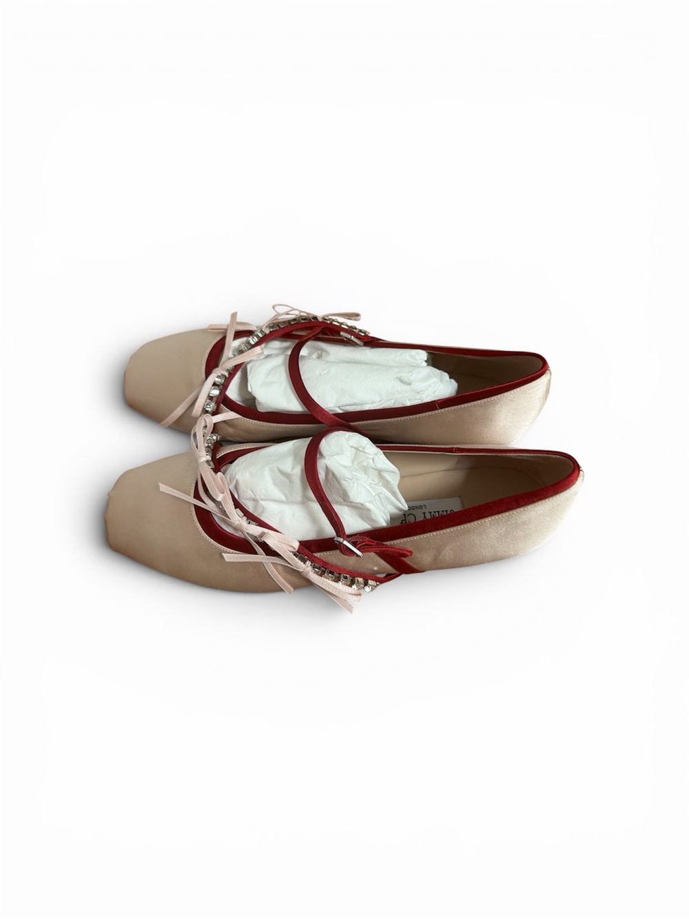 New Jimmy Choo Beige Satin Ballet Flats with Red Trim and Embellished Strap